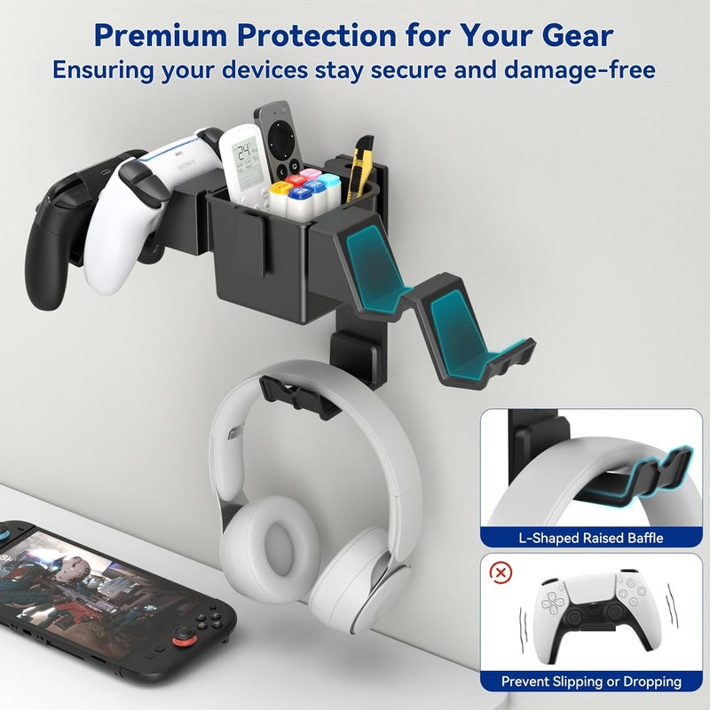 KDD Controller Wall Mount & Headset Holder, Universal Gaming Organizer Stand with Storage Box, Fits Xbox Series X/S, PS4, PS5, Switch, Steam, Gamepad Hanger for Headphones & Accessories - Image 3